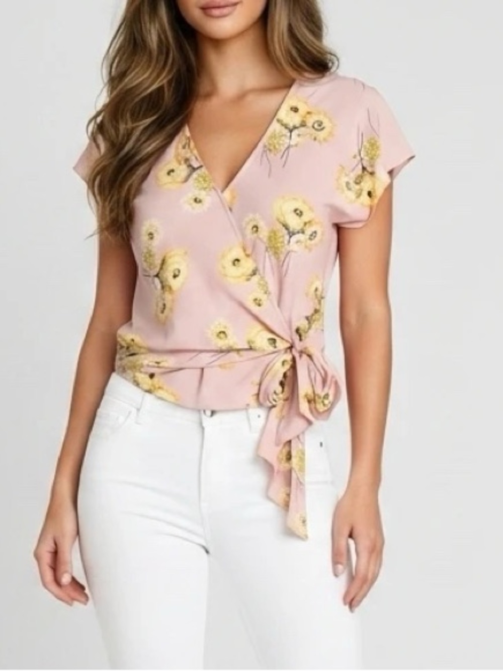 Madewell Pink Wrap Floral Blouse with Yellow Flowers